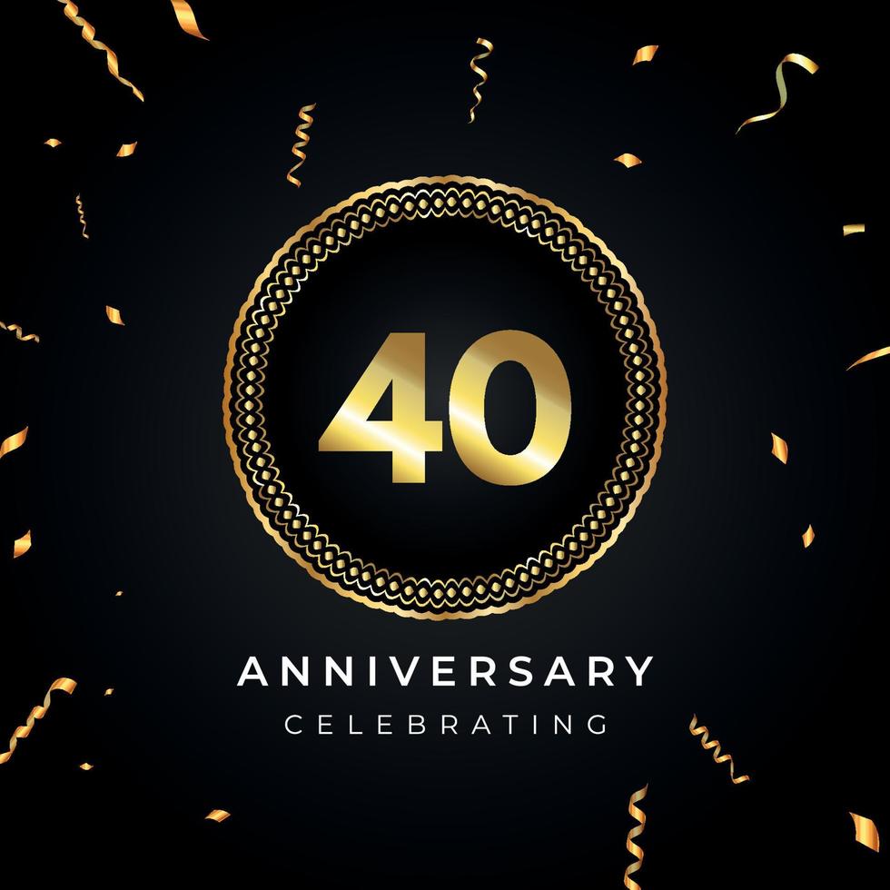 Celebrazione dell'anniversario di 40 anni con cornice circolare e coriandoli dorati isolati su sfondo nero. disegno vettoriale per biglietto di auguri, festa di compleanno, matrimonio, festa di eventi. Logo dell'anniversario di 40 anni.