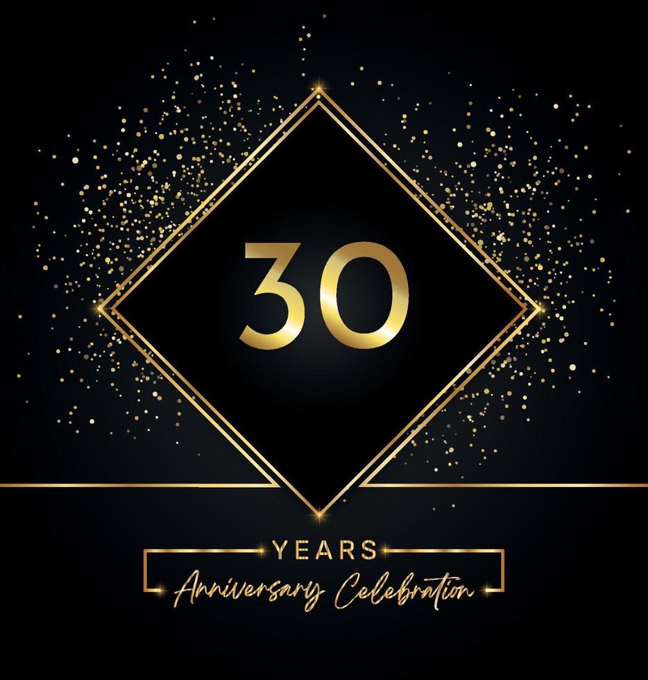 Celebrazione dell'anniversario di 30 anni con cornice dorata e glitter dorati su sfondo nero. disegno vettoriale per biglietto di auguri, festa di compleanno, matrimonio, festa evento, invito. Logo dell'anniversario di 30 anni.