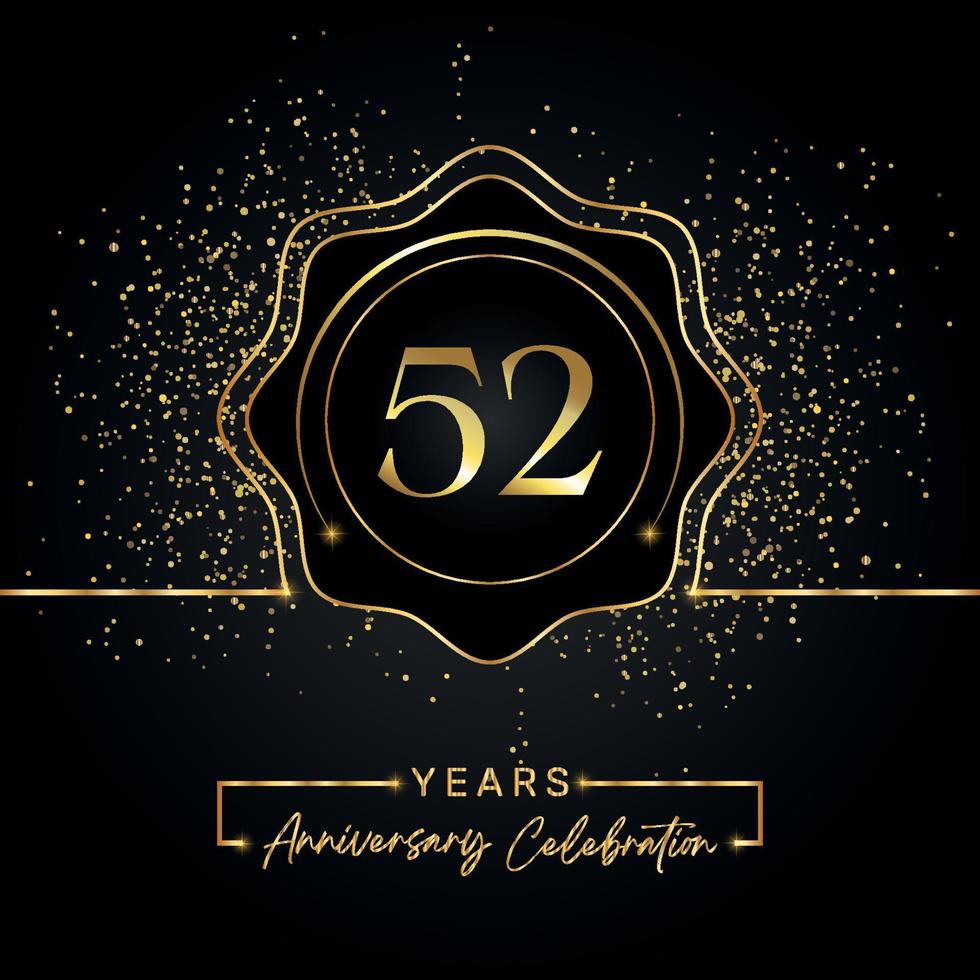 Celebrazione dell'anniversario di 52 anni con cornice a stella dorata isolata su sfondo nero. disegno vettoriale per biglietto di auguri, festa di compleanno, matrimonio, festa evento, biglietto d'invito. Logo dell'anniversario di 52 anni.