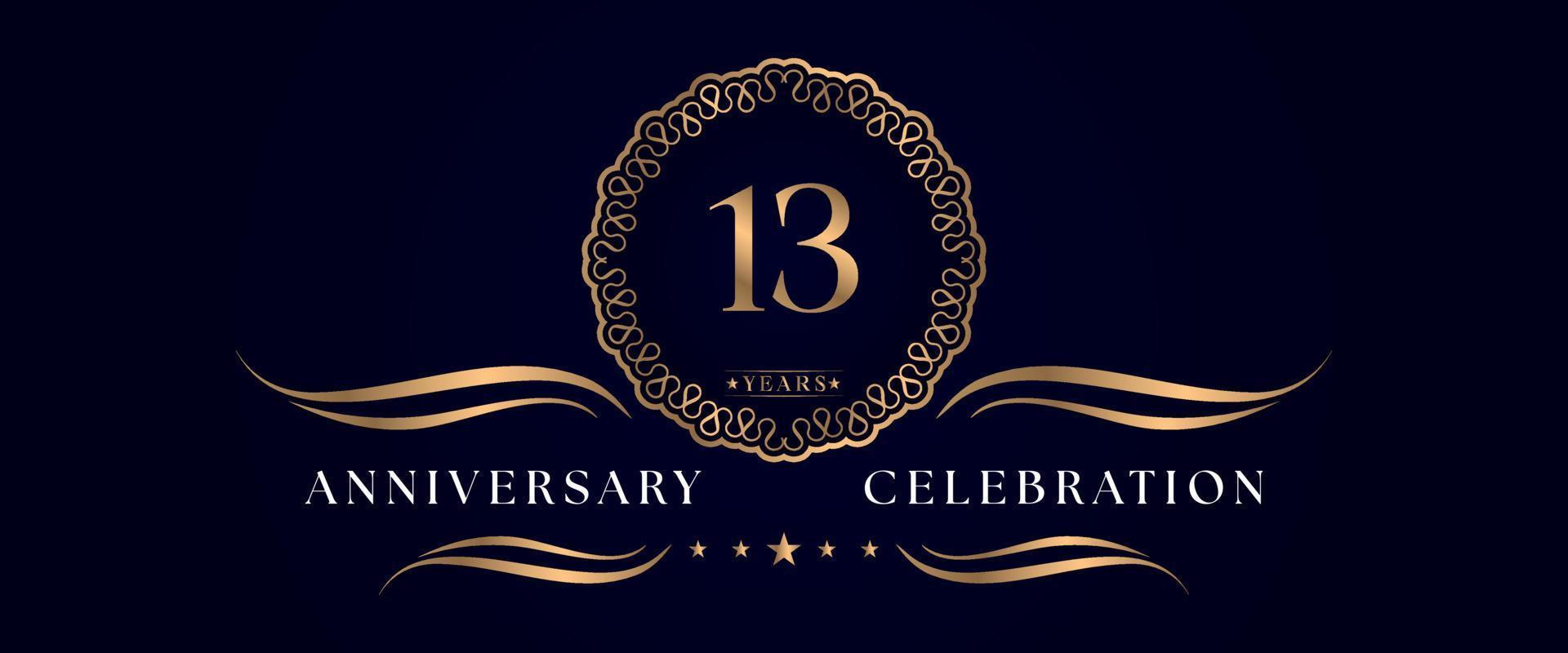 Celebrazione dell'anniversario di 13 anni con elegante cornice circolare isolata su sfondo blu scuro. disegno vettoriale per biglietto di auguri, festa di compleanno, matrimonio, festa evento, cerimonia. Logo dell'anniversario di 13 anni.