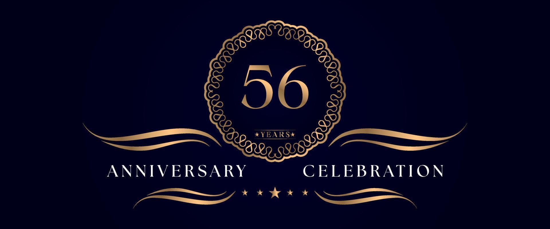 Celebrazione dell'anniversario di 56 anni con elegante cornice circolare isolata su sfondo blu scuro. disegno vettoriale per biglietto di auguri, festa di compleanno, matrimonio, festa evento, cerimonia. Logo dell'anniversario di 56 anni.