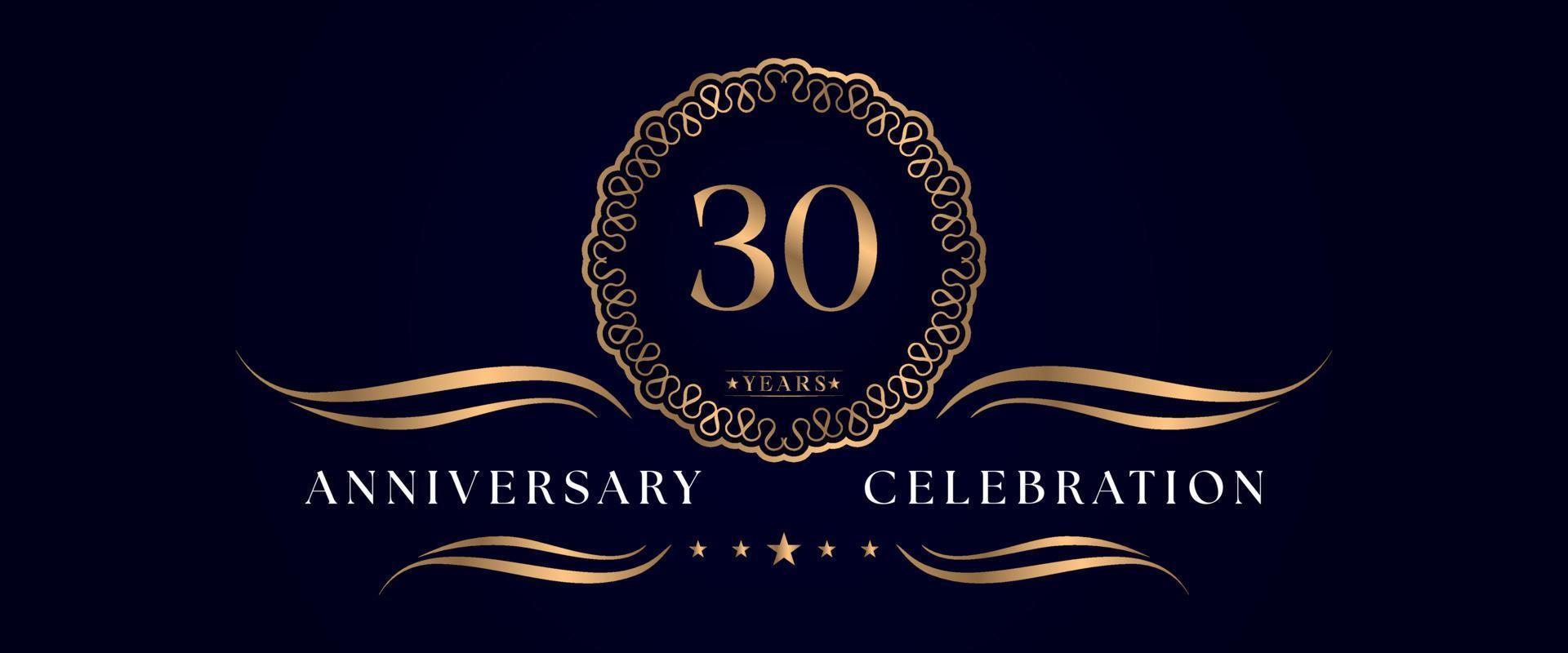 Celebrazione dell'anniversario di 30 anni con elegante cornice circolare isolata su sfondo blu scuro. disegno vettoriale per biglietto di auguri, festa di compleanno, matrimonio, festa evento, cerimonia. Logo dell'anniversario di 30 anni.