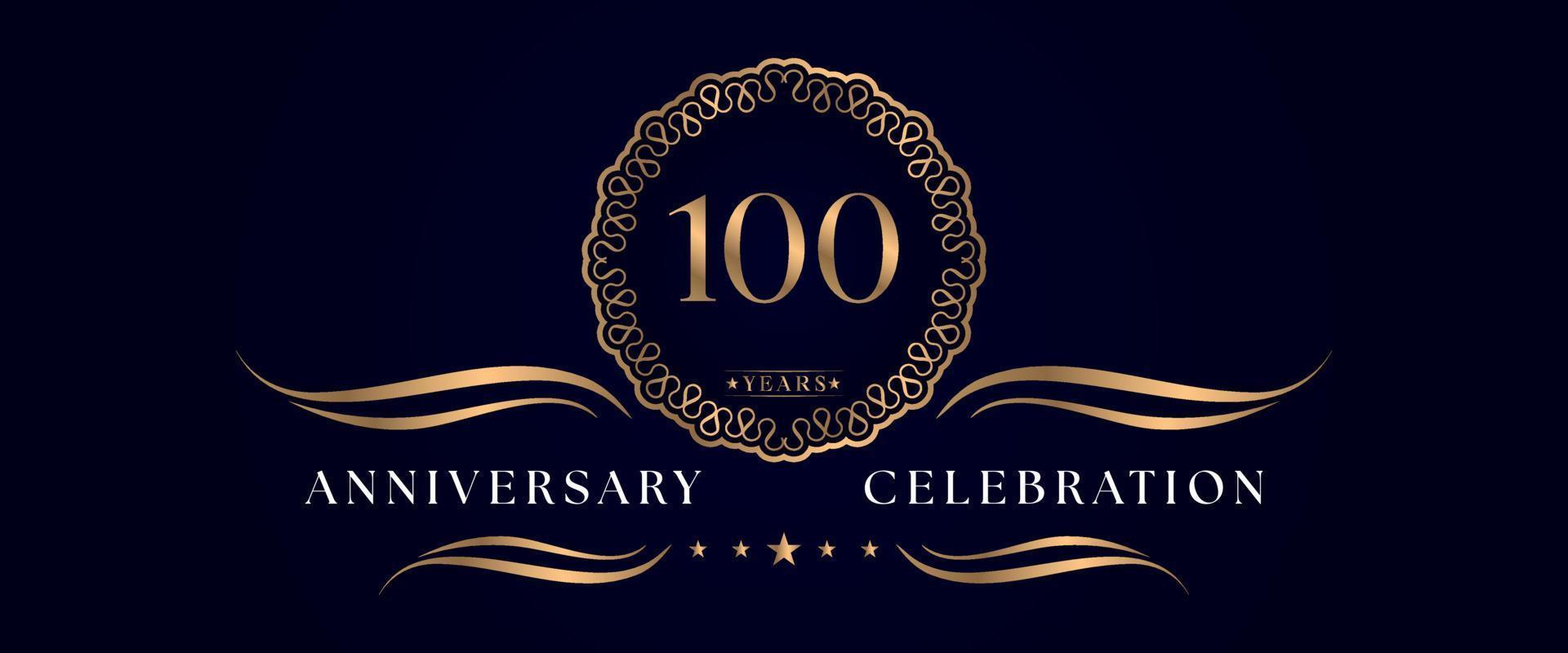 Celebrazione dell'anniversario di 100 anni con elegante cornice circolare isolata su sfondo blu scuro. disegno vettoriale per biglietto di auguri, festa di compleanno, matrimonio, festa evento, cerimonia. 100 anni di anniversario