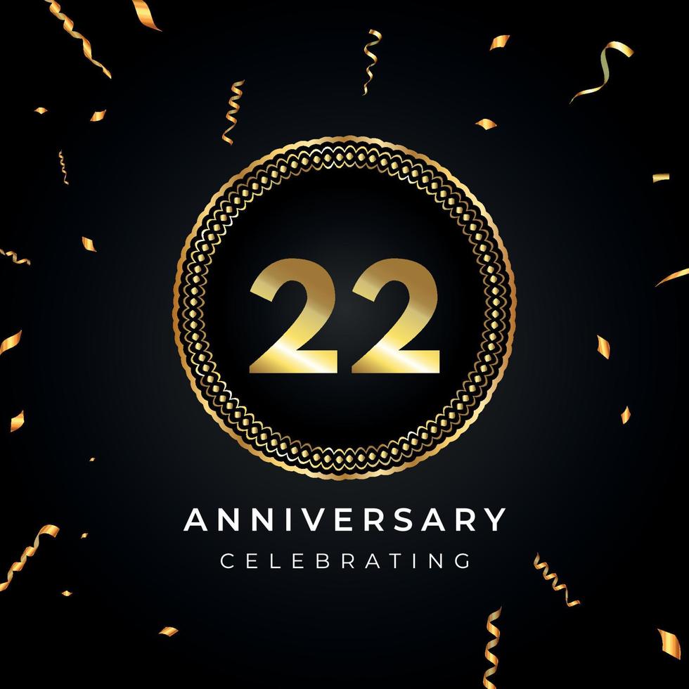Celebrazione dell'anniversario di 22 anni con cornice circolare e coriandoli dorati isolati su sfondo nero. disegno vettoriale per biglietto di auguri, festa di compleanno, matrimonio, festa di eventi. Logo dell'anniversario di 22 anni.