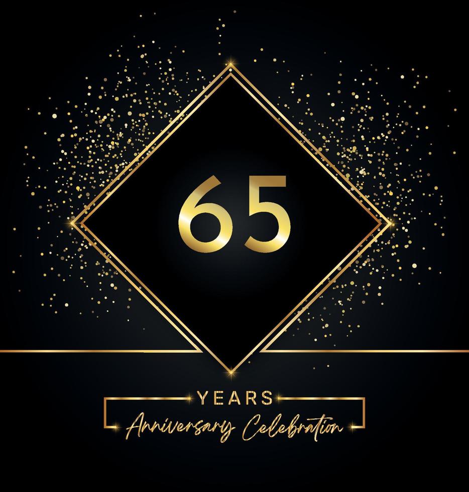 Celebrazione dell'anniversario di 65 anni con cornice dorata e glitter dorati su sfondo nero. disegno vettoriale per biglietto di auguri, festa di compleanno, matrimonio, festa evento, invito. Logo dell'anniversario di 65 anni.