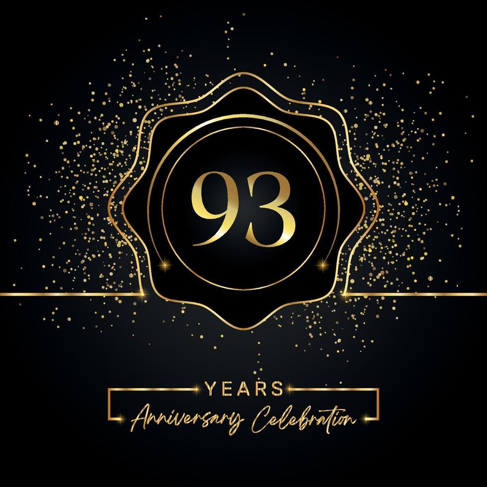 Celebrazione dell'anniversario di 93 anni con cornice a stella dorata isolata su sfondo nero. disegno vettoriale per biglietto di auguri, festa di compleanno, matrimonio, festa evento, biglietto d'invito. Logo dell'anniversario di 93 anni.