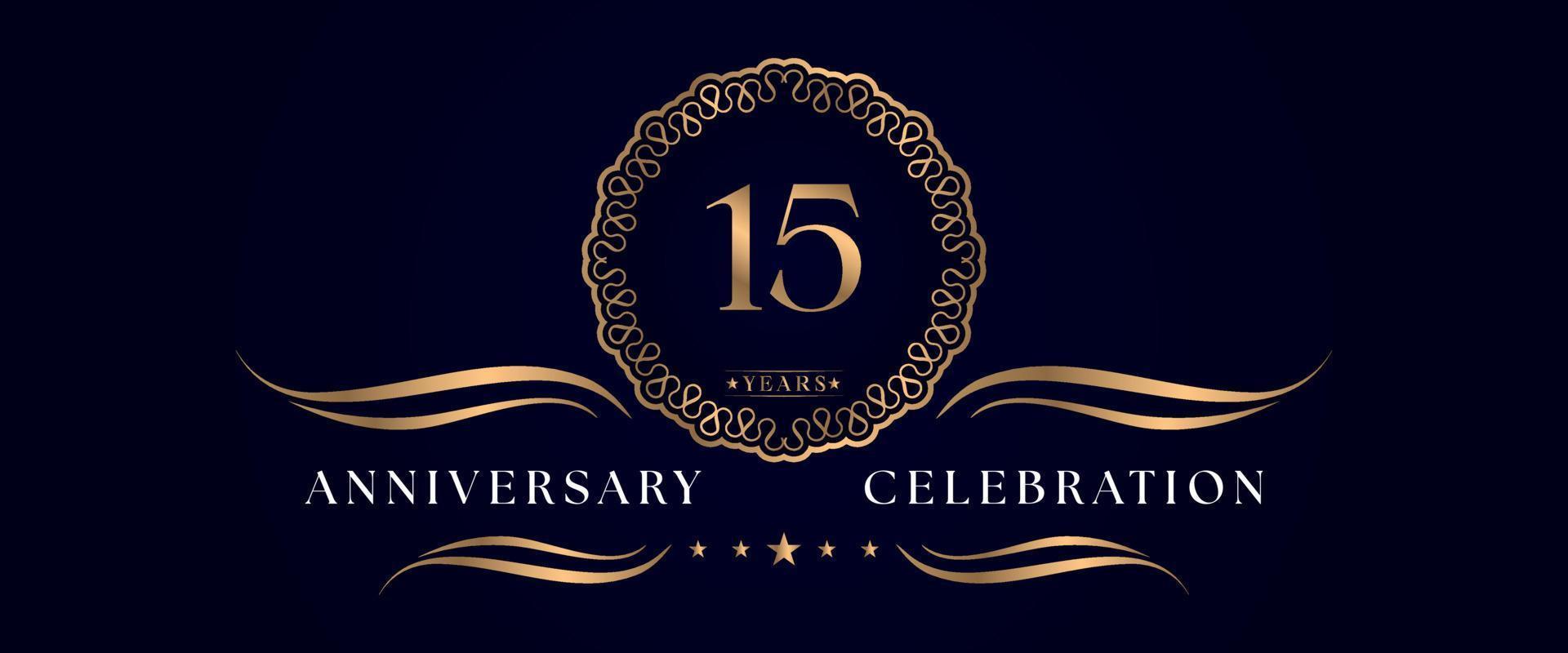 Celebrazione dell'anniversario di 15 anni con elegante cornice circolare isolata su sfondo blu scuro. disegno vettoriale per biglietto di auguri, festa di compleanno, matrimonio, festa evento, cerimonia. Logo dell'anniversario di 15 anni.