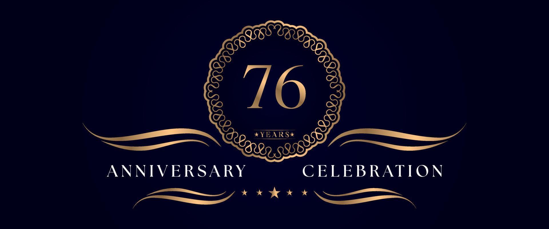 Celebrazione dell'anniversario di 76 anni con elegante cornice circolare isolata su sfondo blu scuro. disegno vettoriale per biglietto di auguri, festa di compleanno, matrimonio, festa evento, cerimonia. Logo dell'anniversario di 76 anni.