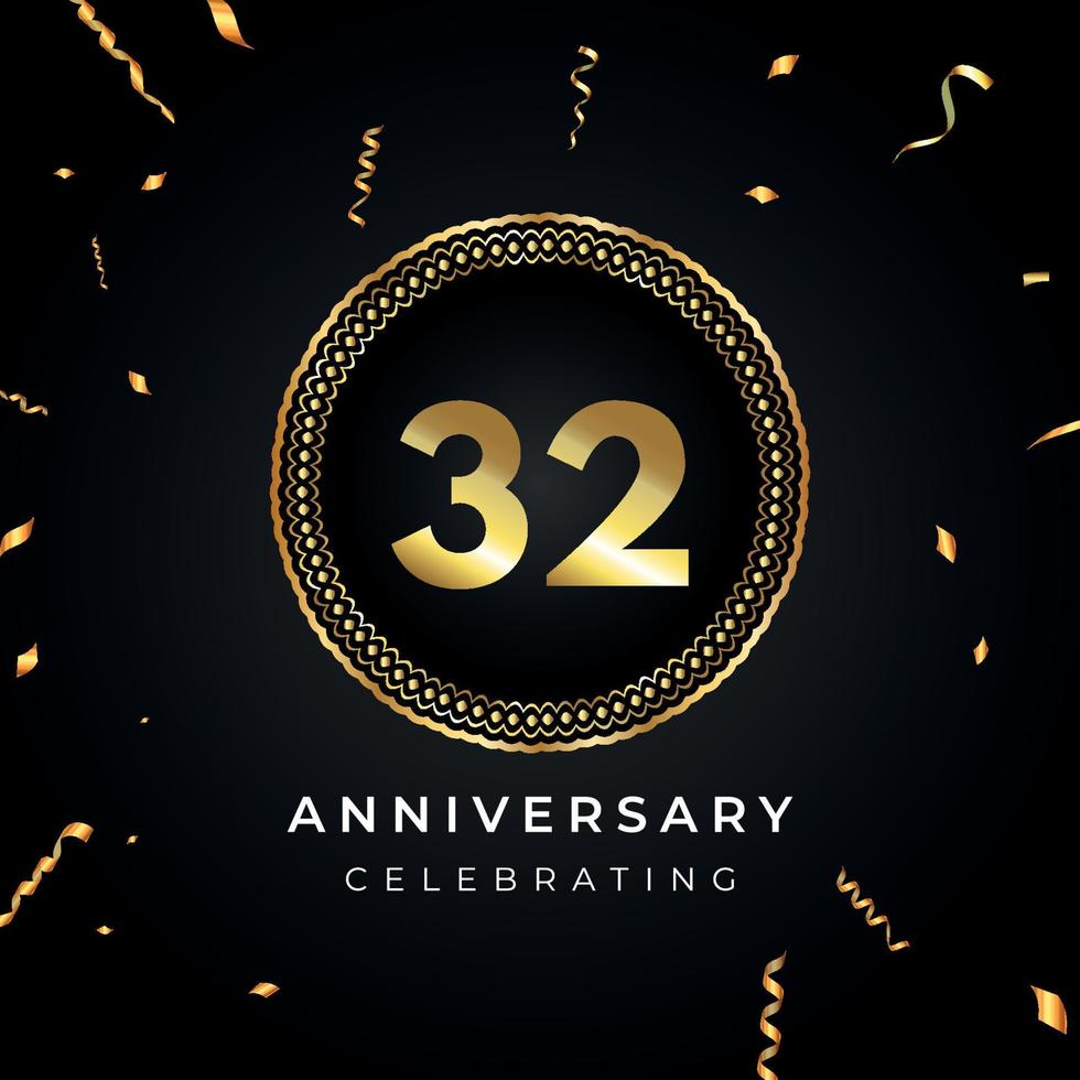 Celebrazione dell'anniversario di 32 anni con cornice circolare e coriandoli dorati isolati su sfondo nero. disegno vettoriale per biglietto di auguri, festa di compleanno, matrimonio, festa di eventi. Logo dell'anniversario di 32 anni.