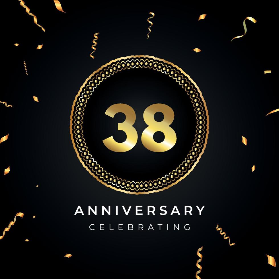 Celebrazione dell'anniversario di 38 anni con cornice circolare e coriandoli dorati isolati su sfondo nero. disegno vettoriale per biglietto di auguri, festa di compleanno, matrimonio, festa di eventi. Logo dell'anniversario di 38 anni.