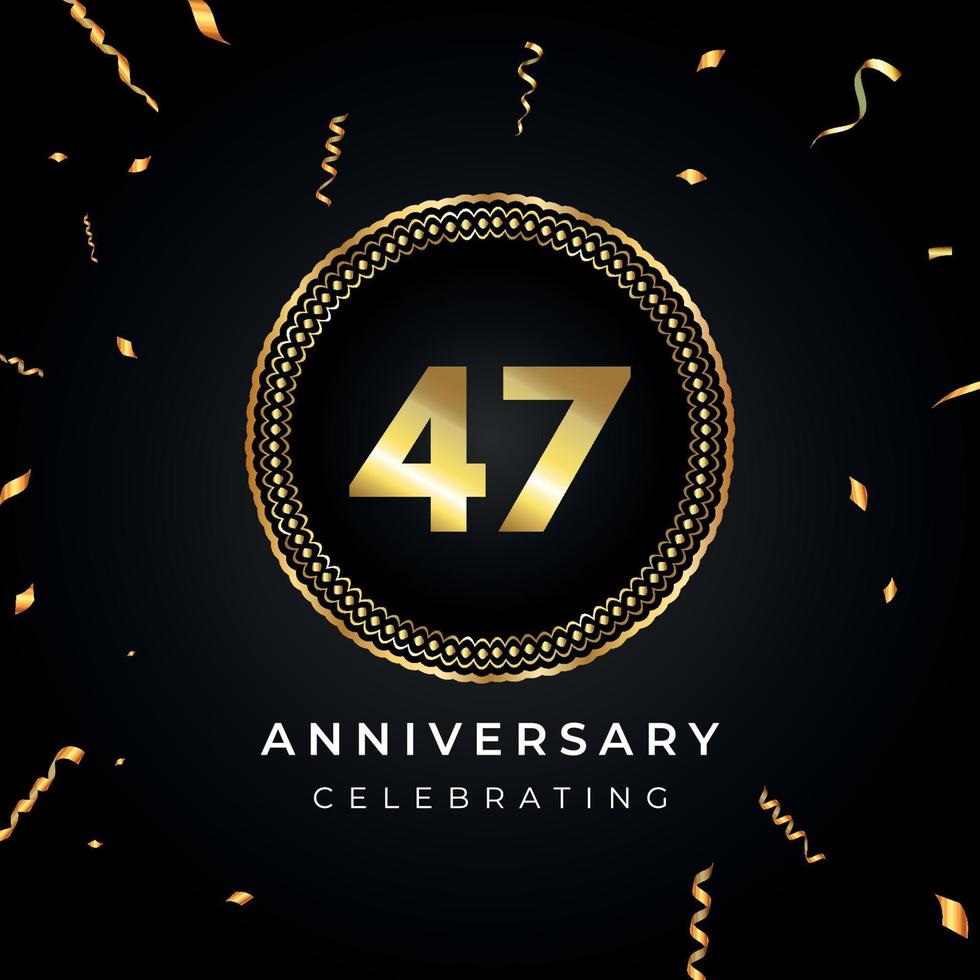 Celebrazione dell'anniversario di 47 anni con cornice circolare e coriandoli dorati isolati su sfondo nero. disegno vettoriale per biglietto di auguri, festa di compleanno, matrimonio, festa di eventi. Logo dell'anniversario di 47 anni.