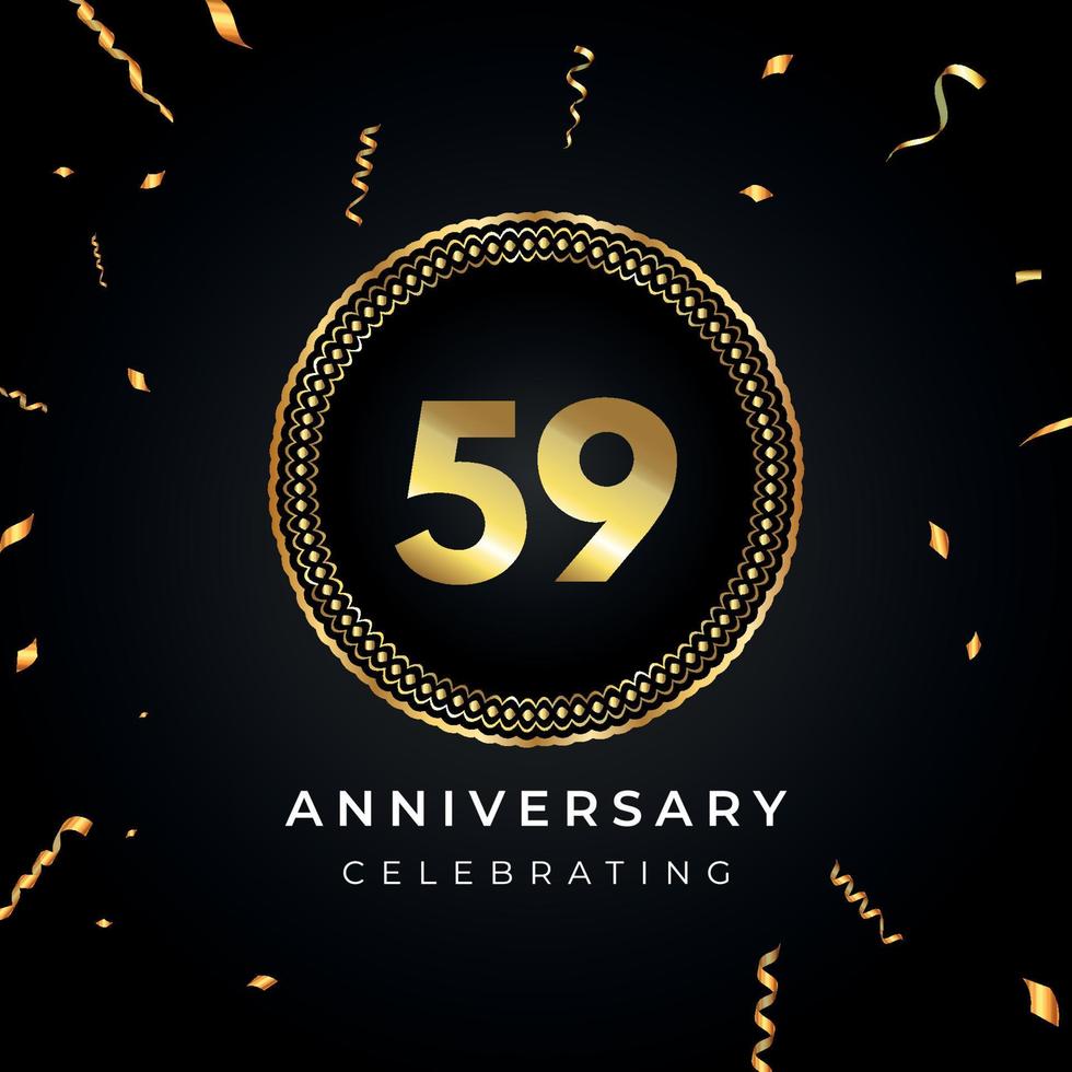 Celebrazione dell'anniversario di 59 anni con cornice circolare e coriandoli dorati isolati su sfondo nero. disegno vettoriale per biglietto di auguri, festa di compleanno, matrimonio, festa di eventi. Logo dell'anniversario di 59 anni.