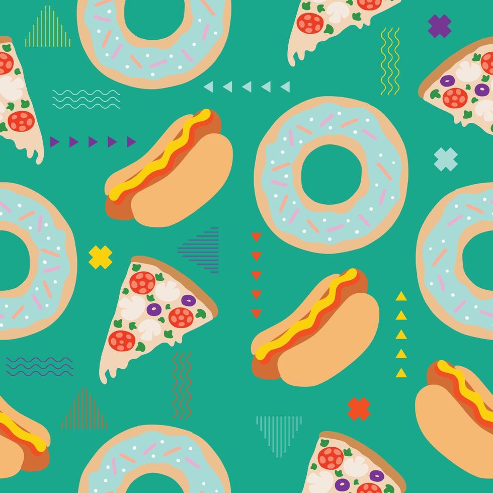 carino chibi alimenti seamless pattern memphis doodle per bambini e baby kawaii cartone animato vettore premium