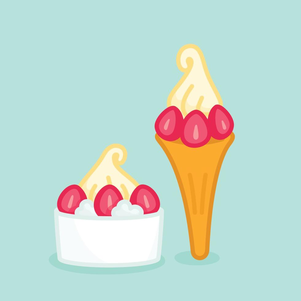 gelato soft alla vaniglia con fragola in coni e ciotola di carta kawaii doodle piatto illustrazione vettoriale