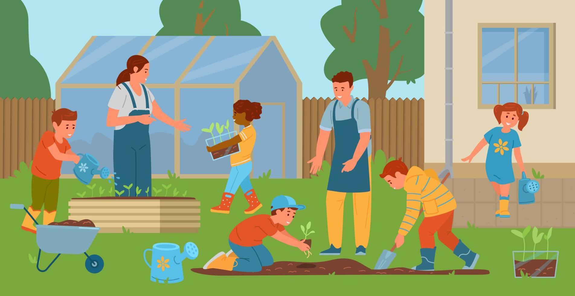 insegnanti e bambini che fanno giardinaggio nel cortile di casa. bambini che piantano piantine, scavano, annaffiano. orto scolastico con serra e patch. illustrazione vettoriale. vettore