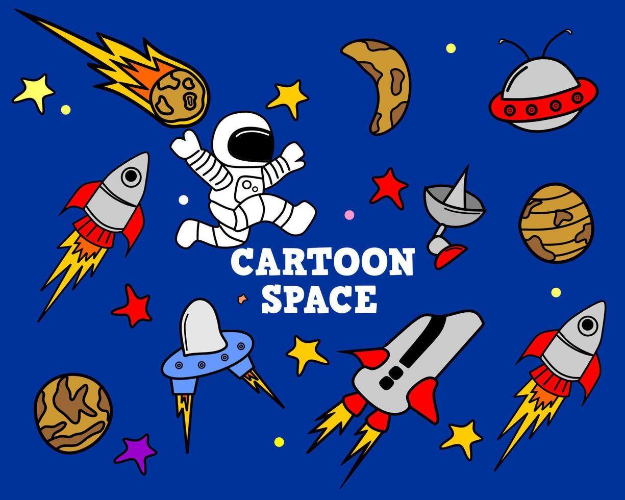 set di icone fumetto tema illustrazione spazio, razzo, pianeta, stella, astronaut.icon design per bambini vettore