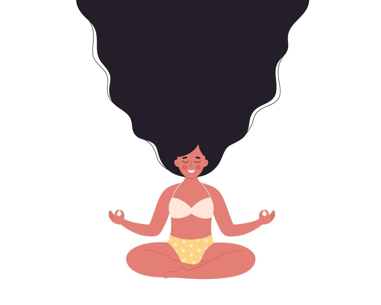 donna che medita nella posa del loto sulla stuoia di yoga. stile di vita sano, yoga, relax, esercizio di respirazione vettore