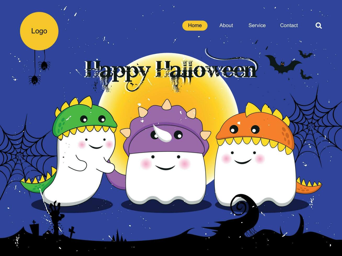 modello di pagina di destinazione di halloween felice con 3 fantasmi carini che indossano un costume da dinosauro vettore