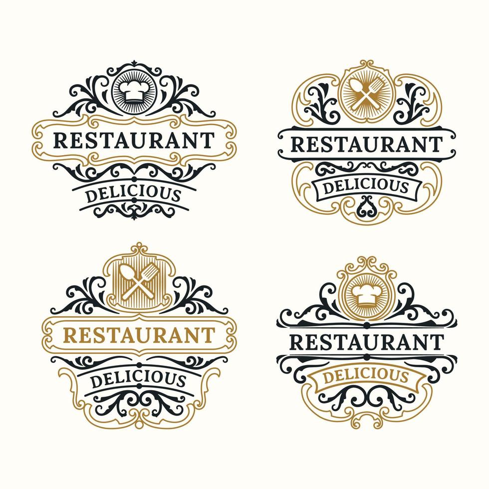 distintivo del logo con cornice di lusso vintage ristorante con ornamento vittoriano fiorito vettore