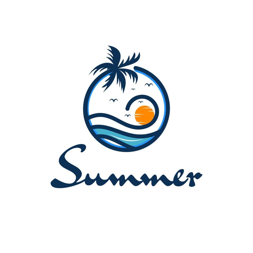 logo design illustrazione delle onde della spiaggia e alberi di cocco, modello tramonto vettore