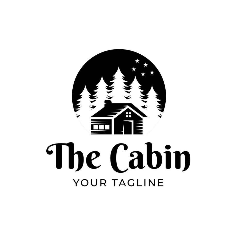 logo premium log cabin e pineta design su sfondo bianco vintage vettore