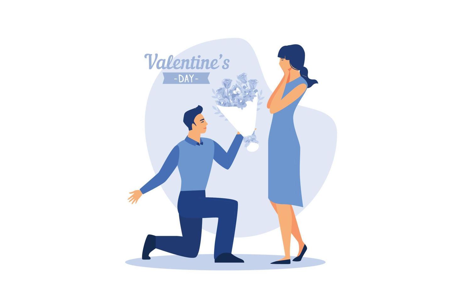 felice coppia di san valentino in data. uomo dare fiore donna. san valentino e giorno, coppia e san valentino, buon san valentino, coppia innamorata, giovane coppia, amore e coppia felice, fiore ed evento. vettore