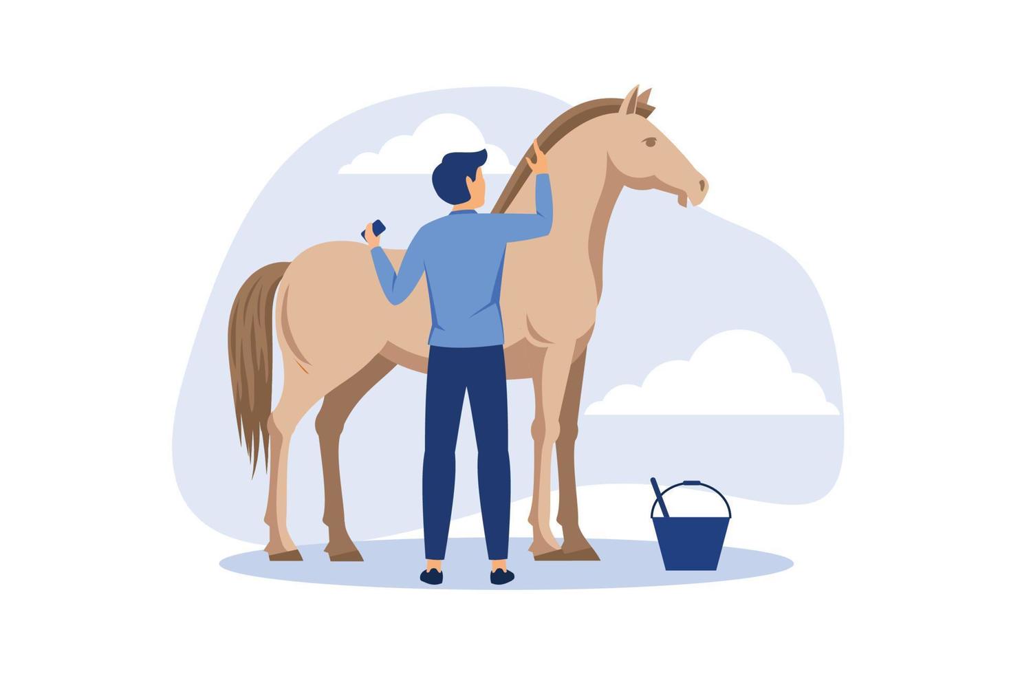 l'uomo con uno straccio in mano lava il cavallo rudy. cavalli in fattoria. sport equestre. uomo che si prende cura del cavallo. illustrazione vettoriale piatta