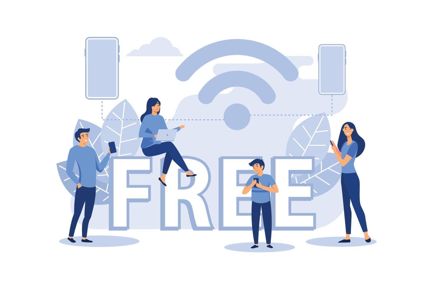 connessione wireless pubblica gratuita punto wireless wi-fi, per interfaccia utente mobile, trasmissione di flussi di dati digitali su canali radio illustrazione vettoriale piatta