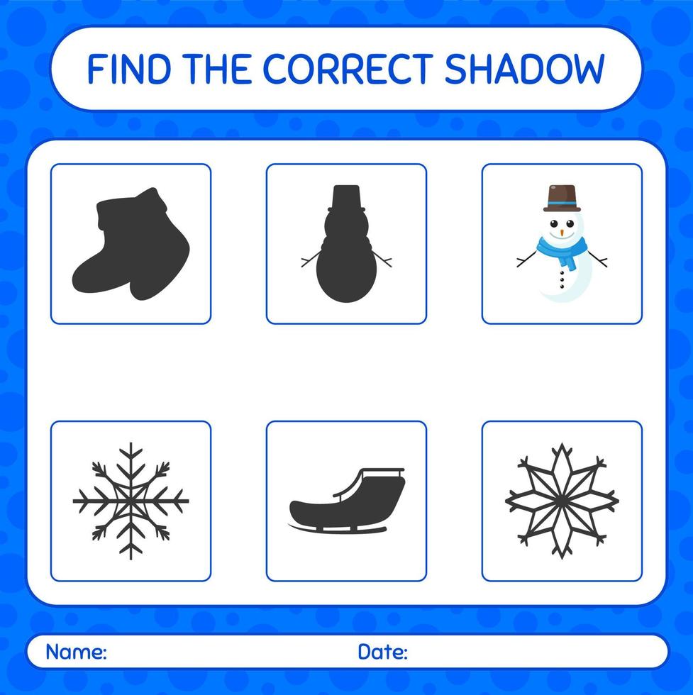 trova il gioco delle ombre corretto con il pupazzo di neve. foglio di lavoro per bambini in età prescolare, foglio attività per bambini vettore