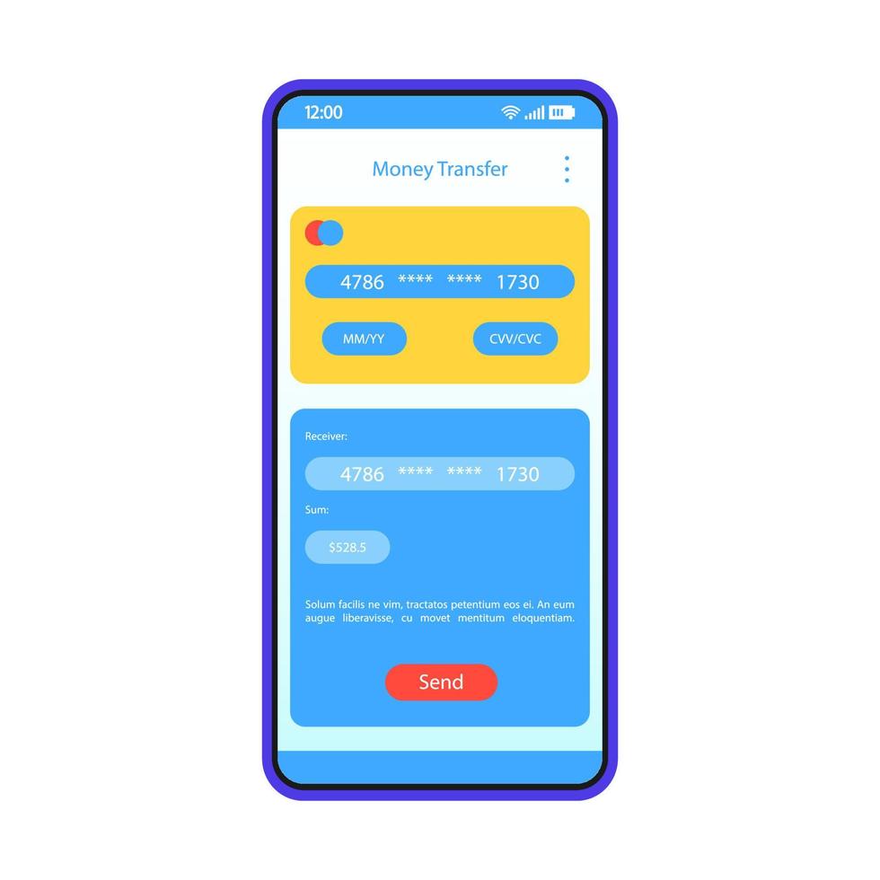 modello di vettore dell'interfaccia dell'app di trasferimento di denaro. layout di progettazione blu dell'interfaccia dell'app mobile. pagamento elettronico. applicazione di banca online. transazione digitale. piatto ui. display del telefono con informazioni sulle carte di credito