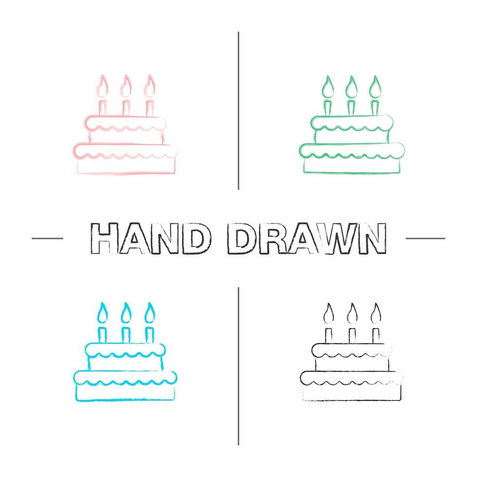 set di icone disegnate a mano di torta di compleanno. torta dolce vacanza con candele e glassa. prodotto di pasticceria. pennellata di colore. illustrazioni abbozzate vettoriali isolate