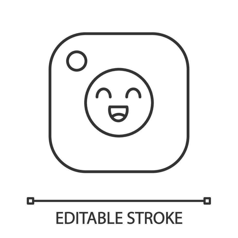 icona lineare dei social media. felice chiacchierata. illustrazione al tratto sottile. applicazione digitale con sorriso. fotocamera. emoji, emoticon. simbolo di contorno. disegno di contorno isolato vettoriale. tratto modificabile vettore