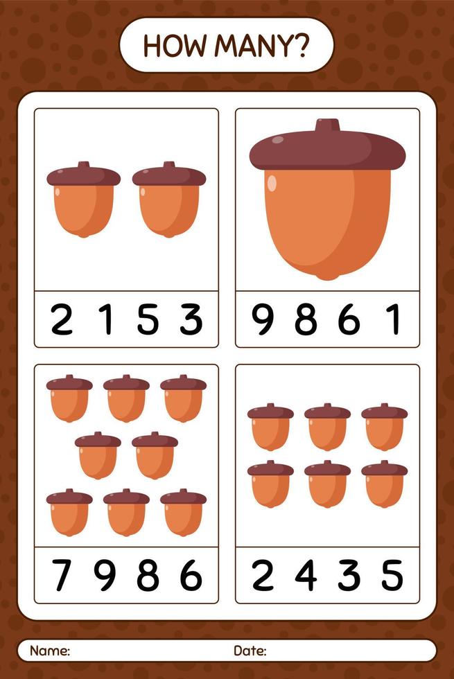 quanti contano il gioco con la ghianda. foglio di lavoro per bambini in età prescolare, foglio attività per bambini vettore
