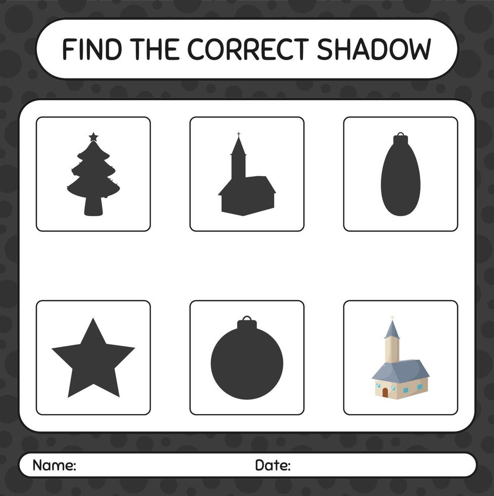 trova il gioco delle ombre corretto con la chiesa. foglio di lavoro per bambini in età prescolare, foglio attività per bambini vettore