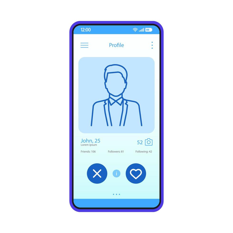 modello vettoriale dell'interfaccia del profilo dell'app di incontri. layout di design blu dell'interfaccia dell'app mobile. applicazione per smartphone per appuntamenti online. interfaccia utente piatta. display del telefono con le informazioni sul profilo dell'uomo