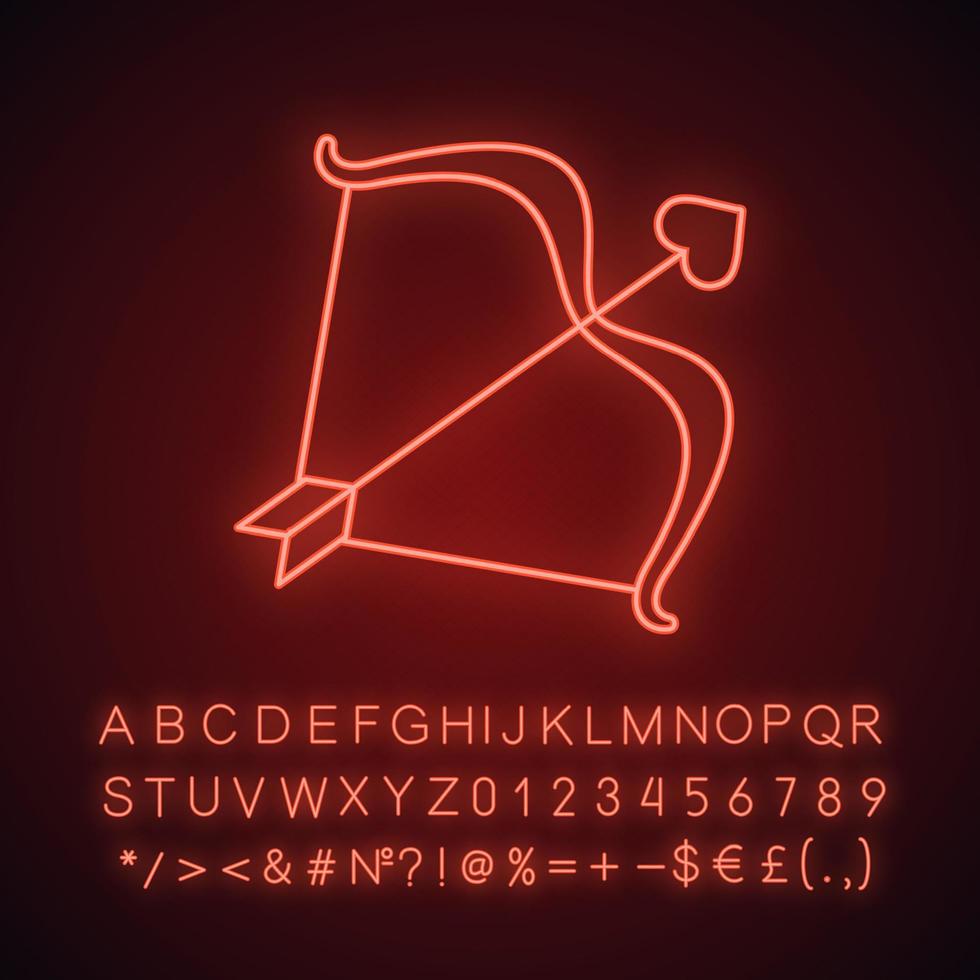 icona della luce al neon dell'arco e della freccia di cupido. San Valentino. segno luminoso con alfabeto, numeri e simboli. illustrazione vettoriale isolato