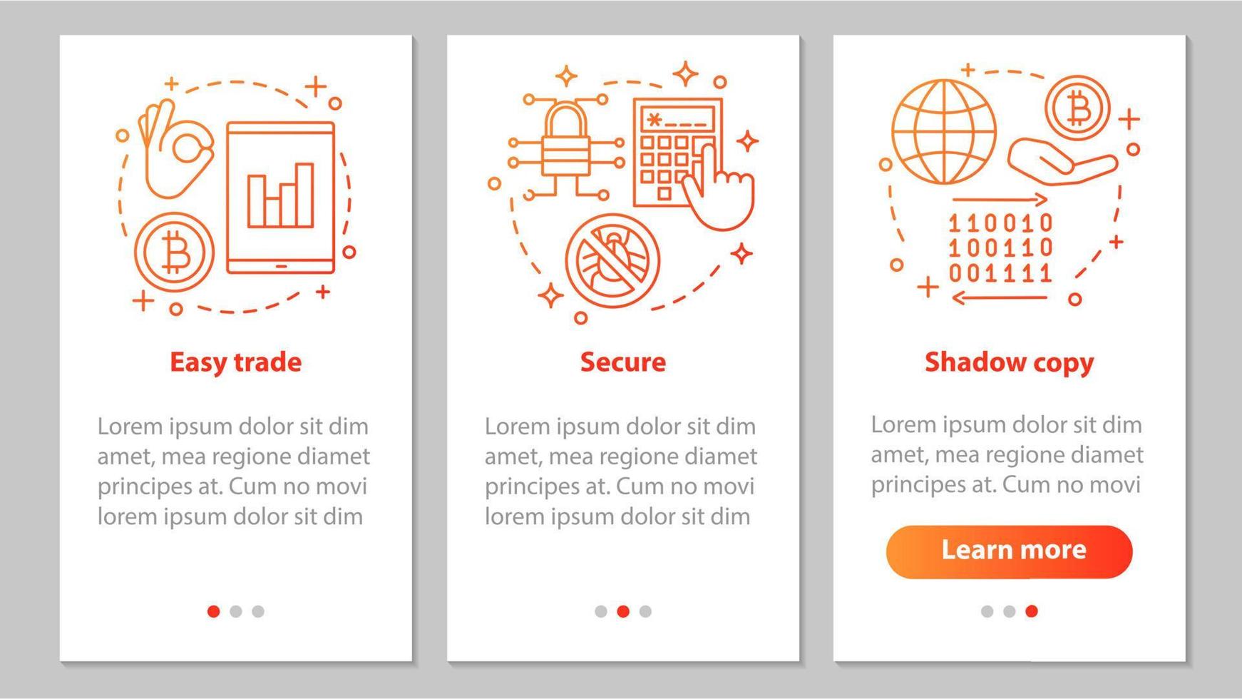 Internet business onboarding schermata della pagina dell'app mobile con concetti lineari. app di trading online. commercio facile, copia shadow, istruzioni grafiche per i passaggi di sicurezza digitale. ux, ui, illustrazioni vettoriali gui
