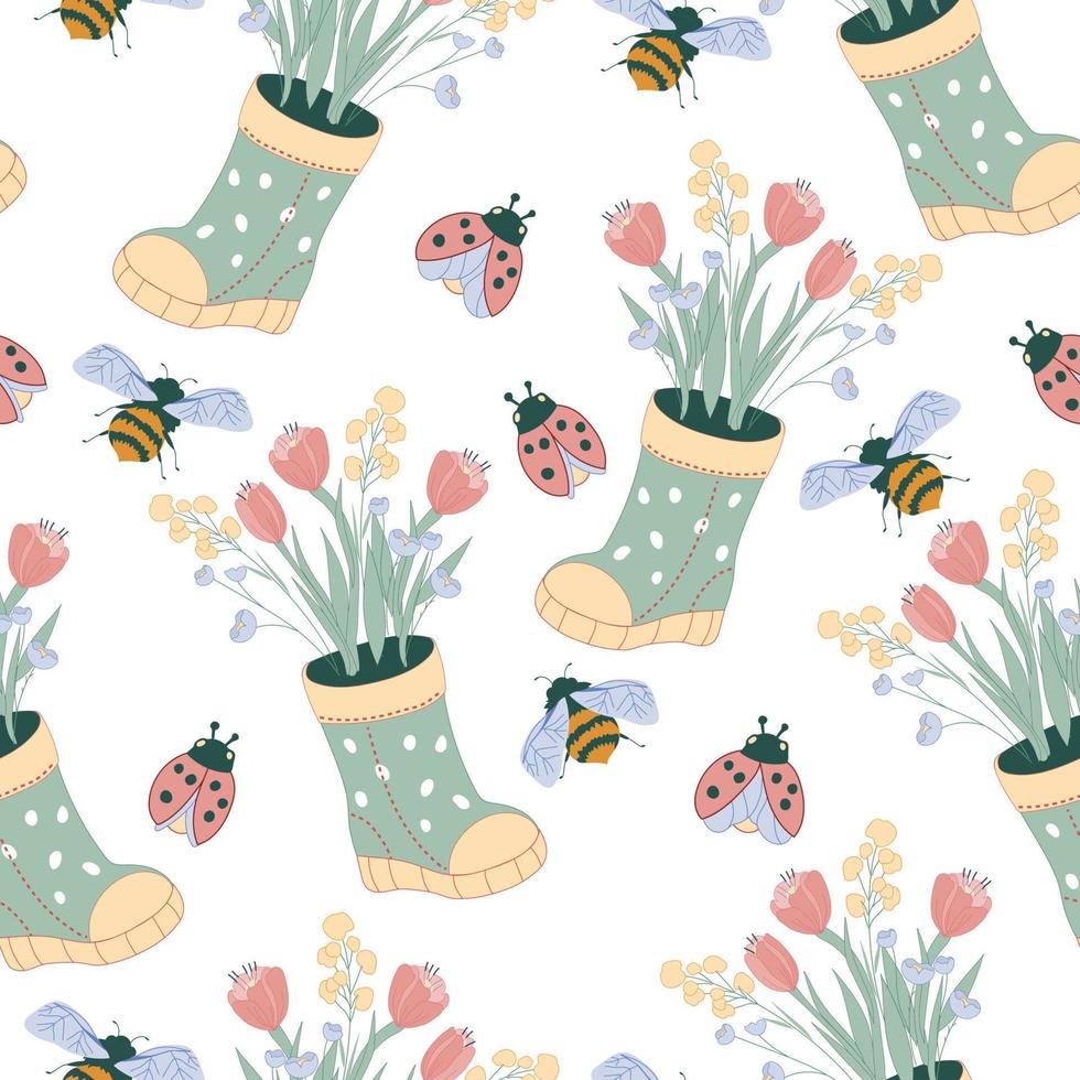 modello senza cuciture per la primavera e l'estate con stivali di gomma, coccinella e fiori, illustrazione vettoriale. sfondo ripetibile infinito per tessuti e stampe. vettore