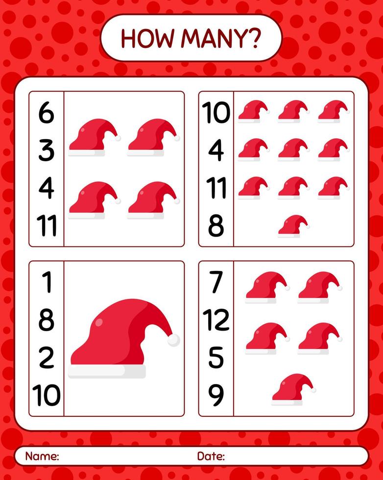 quanti giochi di conteggio con il cappello di Babbo Natale. foglio di lavoro per bambini in età prescolare, foglio attività per bambini vettore