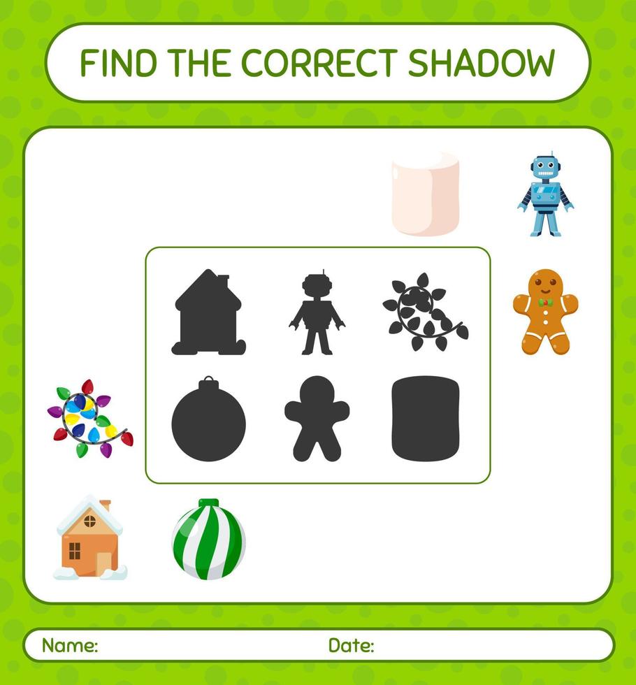 trova il gioco di ombre corretto con l'icona di natale. foglio di lavoro per bambini in età prescolare, foglio attività per bambini vettore