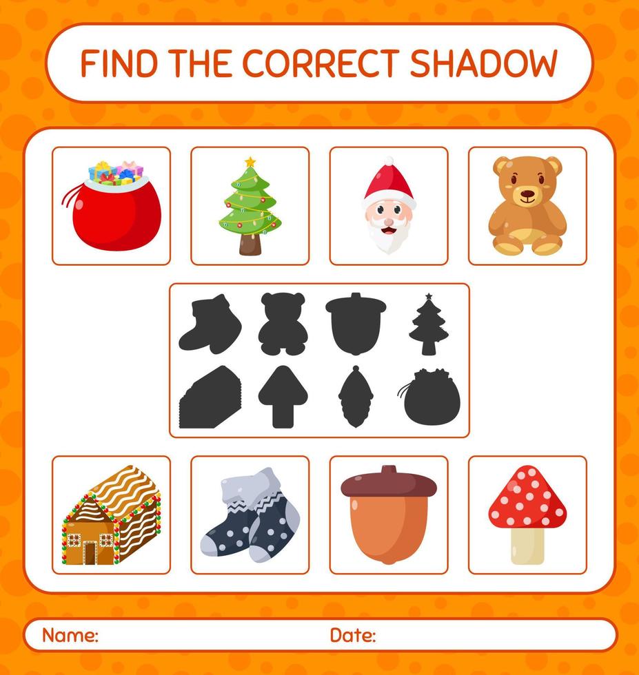 trova il gioco di ombre corretto con l'icona di natale. foglio di lavoro per bambini in età prescolare, foglio attività per bambini vettore