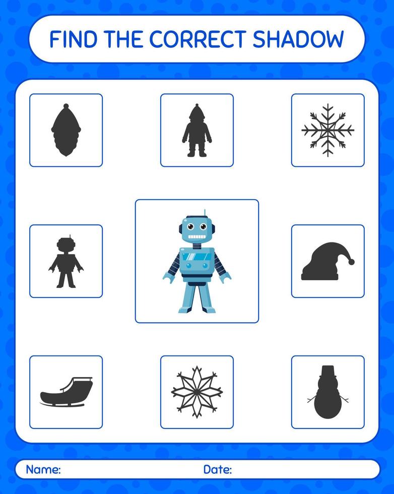 trova il gioco di ombre corretto con il robot giocattolo. foglio di lavoro per bambini in età prescolare, foglio attività per bambini vettore