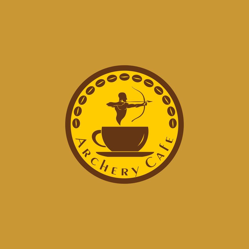 concetto di logo del caffè di tiro con l'arco, modello di progettazione del logo della caffetteria, giallo, marrone, cioccolato, icona della tazza di caffè, ellisse, arrotondato vettore