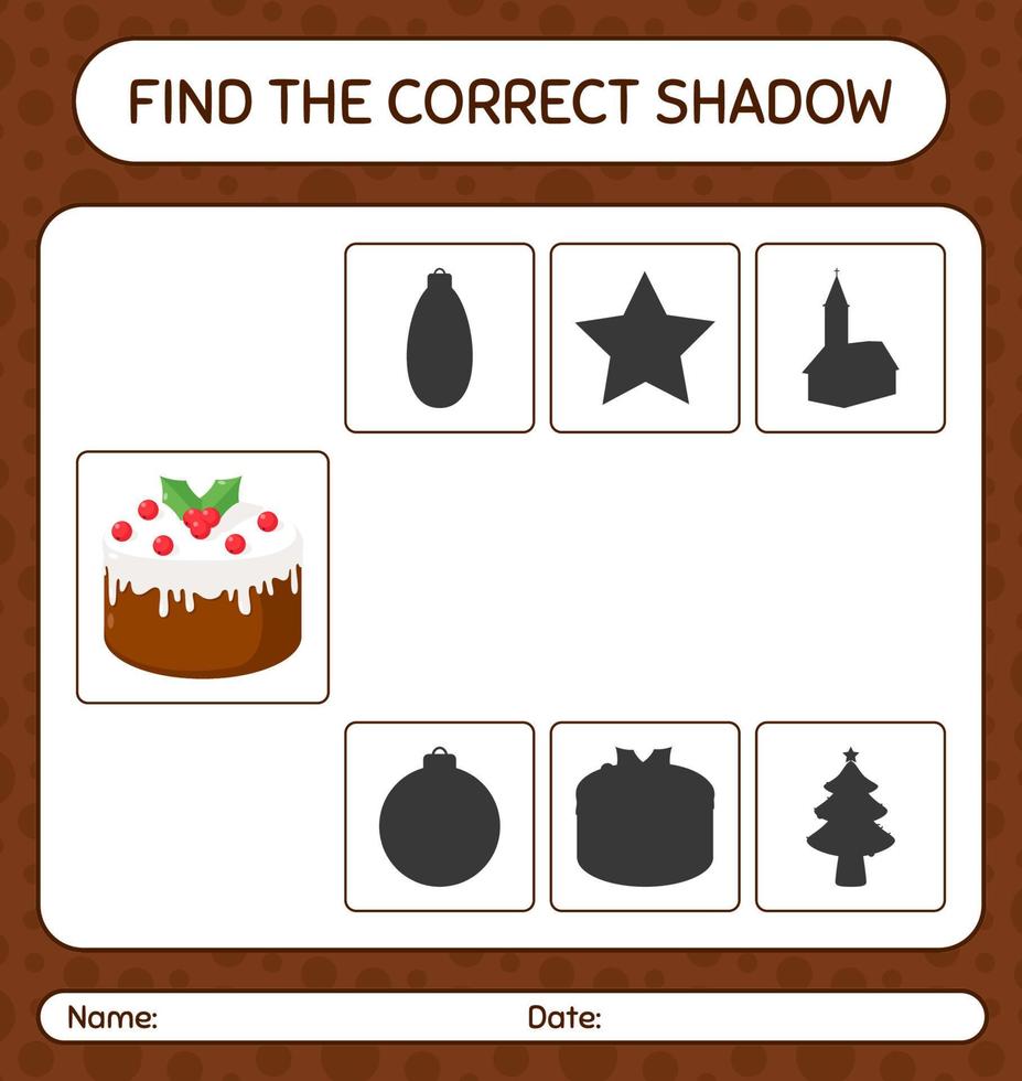 trova il gioco delle ombre corretto con la torta di Natale. foglio di lavoro per bambini in età prescolare, foglio attività per bambini vettore