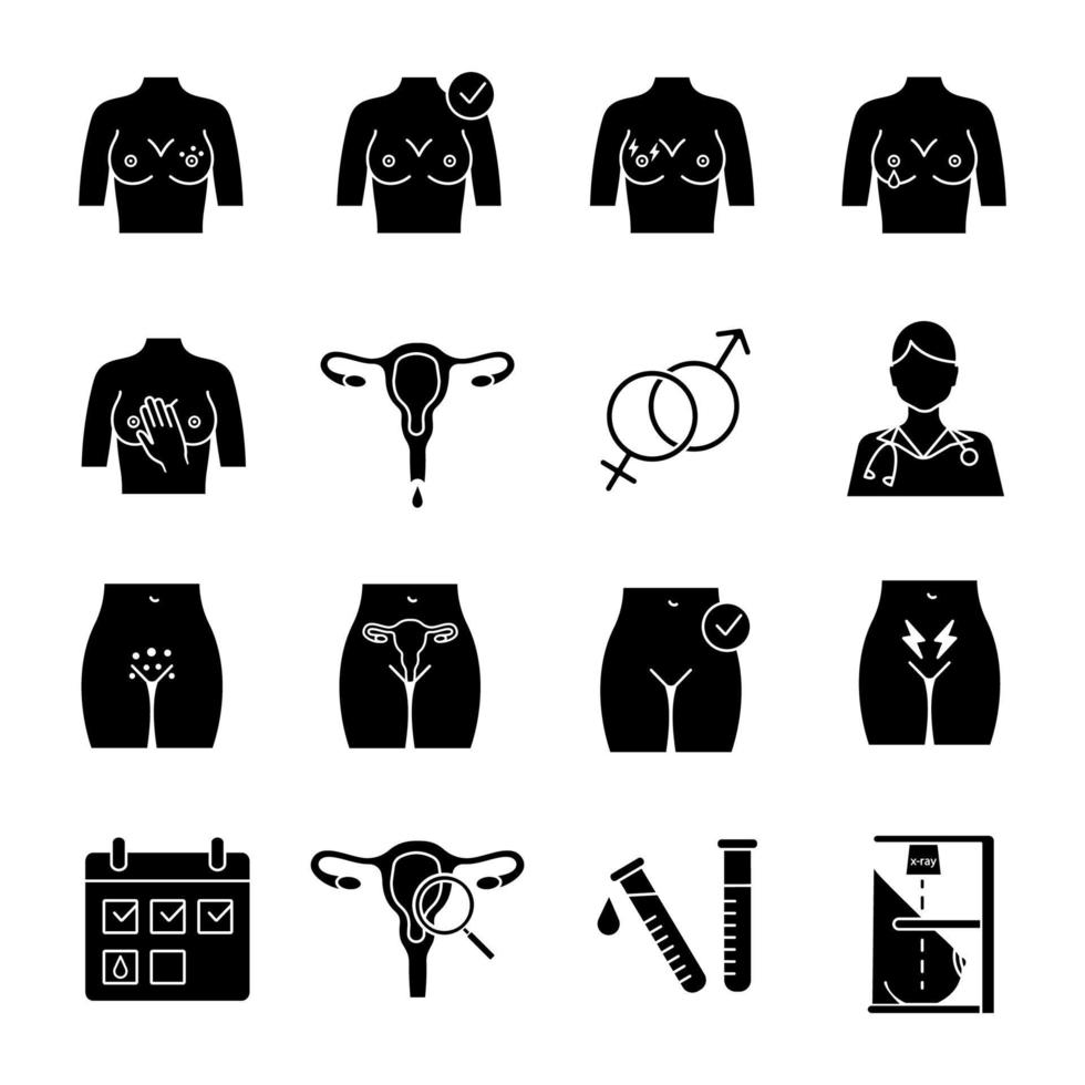set di icone del glifo di ginecologia. la salute delle donne. esame del seno. disturbi del sistema riproduttivo femminile. simboli di sagoma. illustrazione vettoriale isolato
