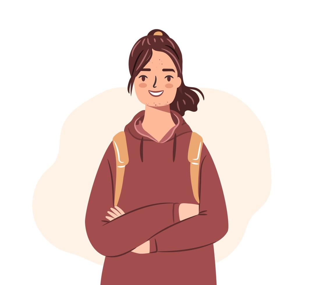 adolescente felice con l'acne. studentessa in felpa con cappuccio isolata su sfondo bianco. illustrazione vettoriale piatta.