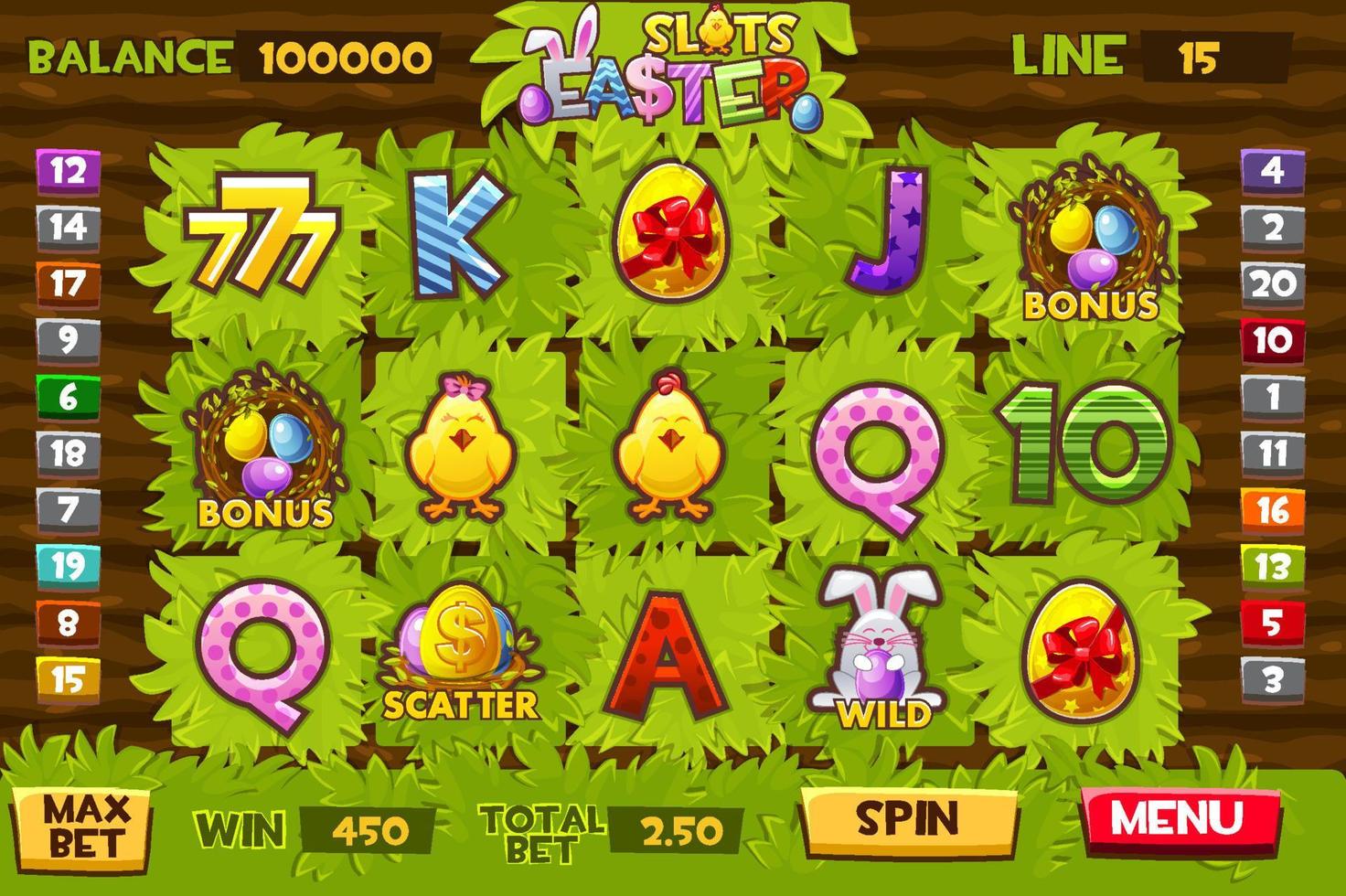 slot di pasqua, slot da giardino per giochi gui. illustrazione vettoriale di una finestra di gioco d'azzardo personalizzata in agriturismo.