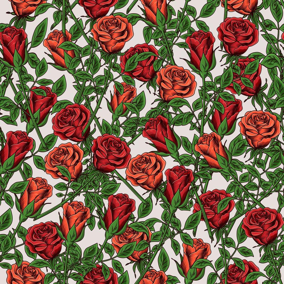 modello vintage senza cuciture con lussureggianti rose rosse e arancioni in fiore con stelo e foglie su sfondo bianco. fitta sovrapposizione di elementi. illustrazione vettoriale