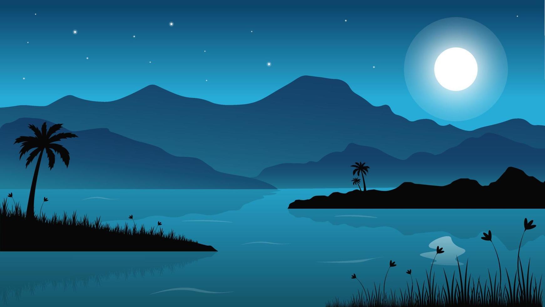 illustrazione di progettazione di vettore di vista del paesaggio del lago notturno