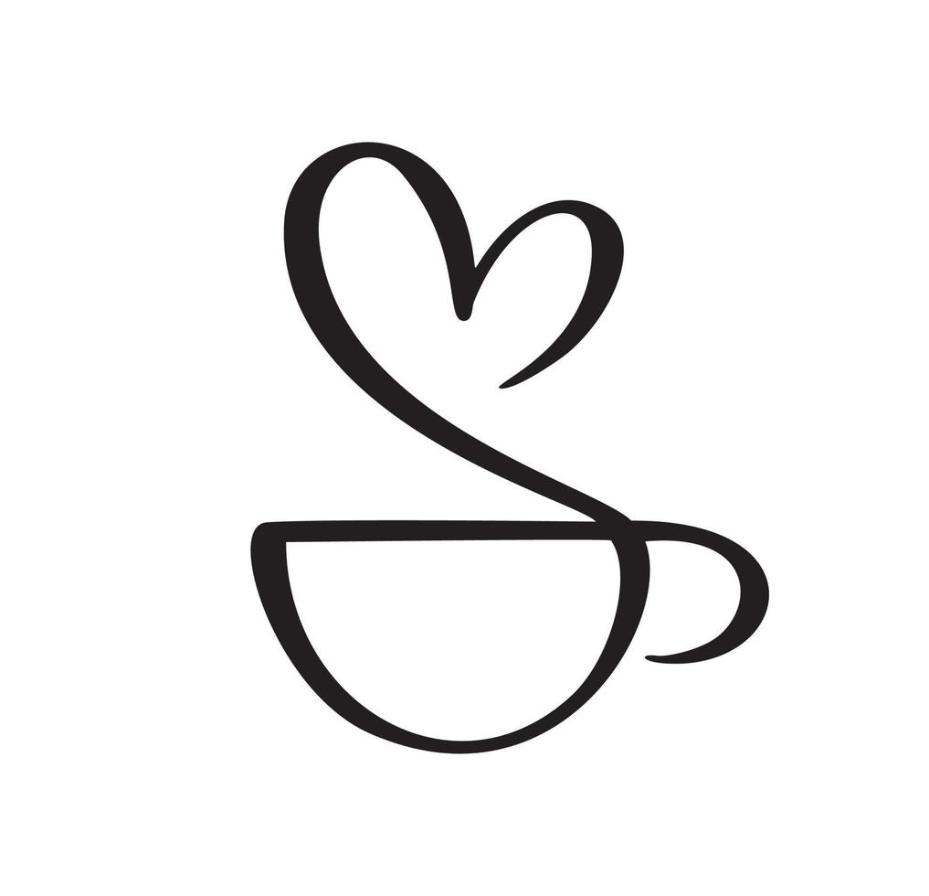 vettore calligrafia tazza di caffè o tè con vapore del cuore. illustrazione calligrafica in bianco e nero. design disegnato a mano per logo, icona caffè, menu, materiale tessile